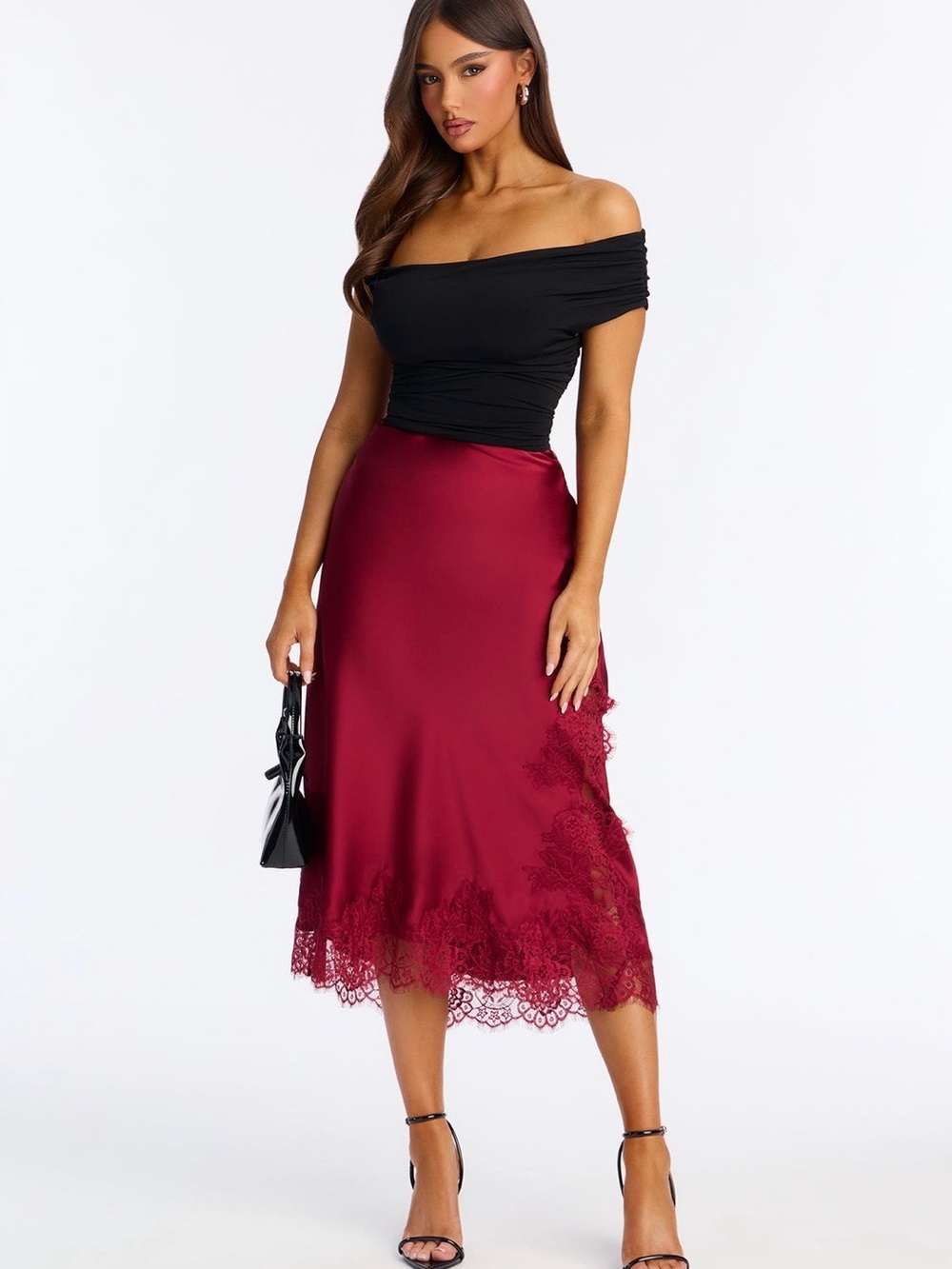 Womens Burgundy Lace-Trim Satin Midi Skirt